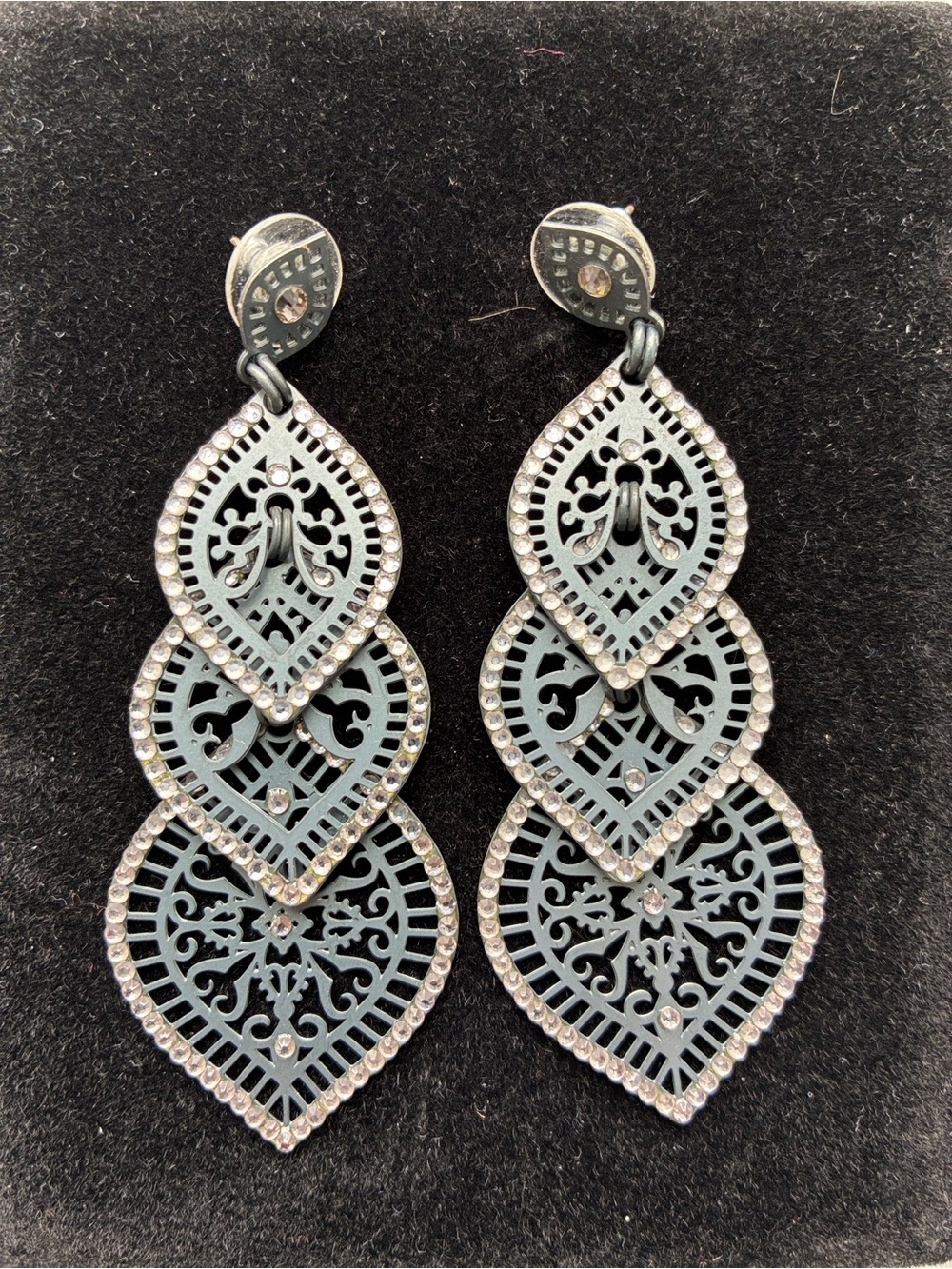 Delicate Filigree Teardrop Dangle Earrings - Gray with Crystal Accents